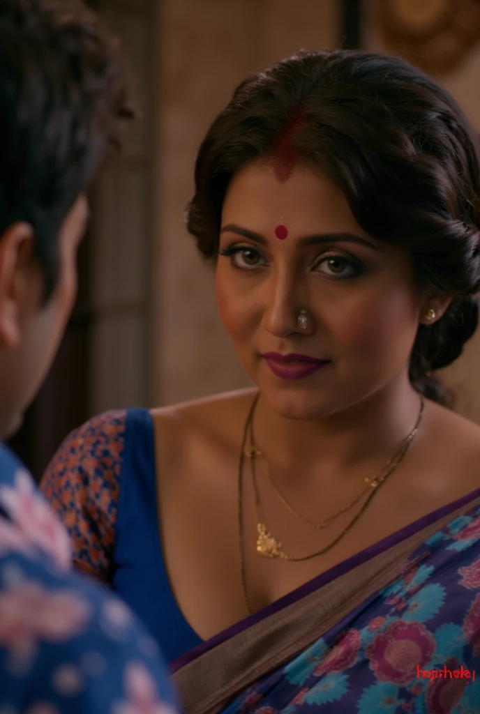 high-resolution, cinematic scene featuring a confident South Asian woman and a younger man standing face-to-face in an indoor setting with a warm, ambient light. The woman has a mature and assertive presence, with dark hair tied back, accentuating her facial features. She is dressed in a traditional sari, with a vibrant, patterned fabric draped over her shoulder and a fitted, deep blue blouse with short sleeves, which highlights her neckline and décolletage. Her blouse has a plunging neckline, drawing attention to her confident posture and adding a sense of boldness to her appearance.

She wears subtle jewelry, including a delicate necklace and small earrings, adding a touch of elegance. Her expression is intense, with a slightly raised eyebrow and a direct gaze that suggests a sense of authority or confrontation, directed toward the young man standing in front of her. The young man, partially visible in the frame, appears attentive, his body slightly angled towards her, indicating that he’s engaged in the interaction.

The background is softly blurred, with hints of colorful decor and warm tones, creating a cozy, intimate atmosphere. The lighting casts gentle shadows, enhancing the depth and intensity of the scene, capturing a moment that feels both dramatic and personal.

