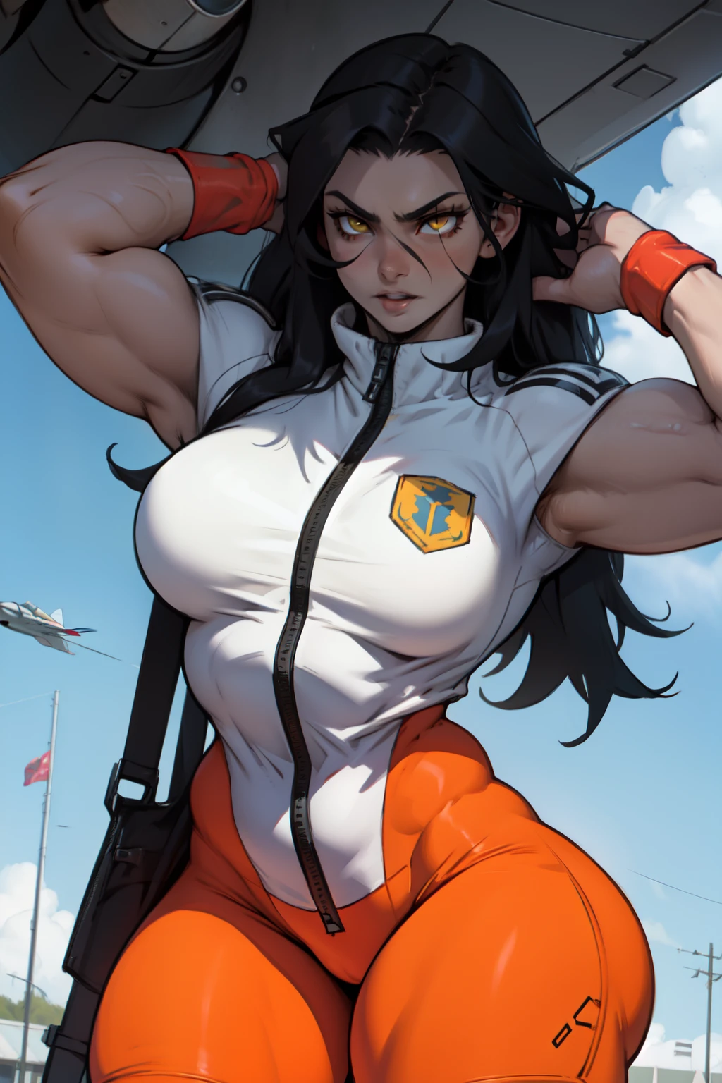(((Simon Bisley))), (((flag))), Mulher madura 35 anos super musculosa linda, Bodybilding (((corpo inteiro))), , giant robot pilot, selvagem de corpo perfeito, coxas nuas, usando pouca roupa, roupa azul escuro com estrelas brancas, vermelho com listras brancas, Tiny thong, rouca com as cores da bandeira dos Estados Unidos, pose sensual, pose com atitude, veios grande, technological scenario, Gym.