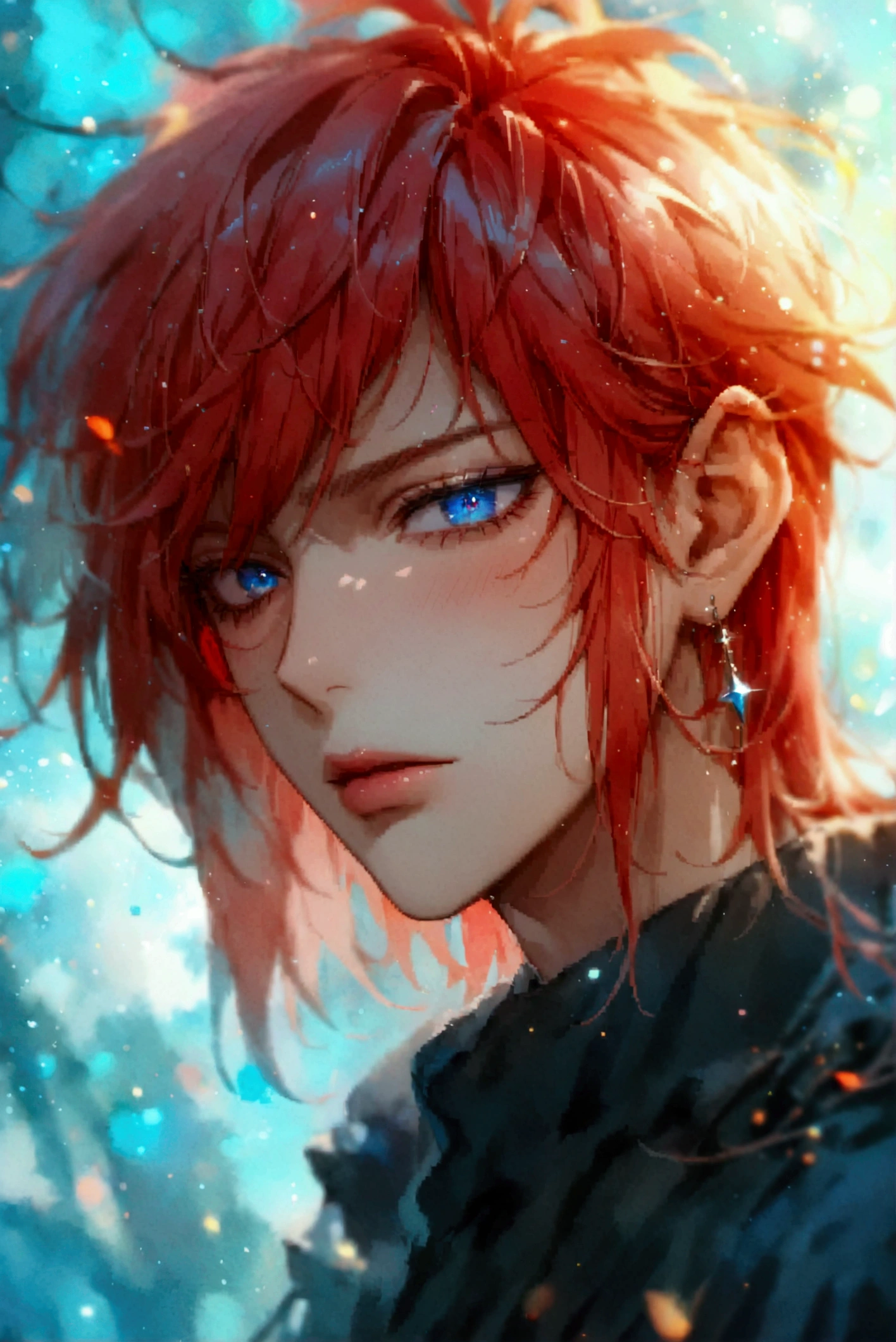 1boy, feminine, femboy, {{{best quality}}}, {1boy}, depth of field, beautiful detailed eyes, {game cg}, angular face, beautiful guy, angular face, adult, watercolor on paper, {{{{{{2024 manhwa style}}}}}}, beautiful, sexy, {{{{perfect eyes}}}}, attractive, long hair, full lips, male model, cinematic masterpiece, {{{{{detailed high quality face}}}}}, 8k quality, {{{{{proportional face}}}}}, perfect face, stunning, perfect body, soft features, muted colors, face close up, ankle length red hair, extremely long red hair, blue eyes, faint red eyeliner, extremely pale skin, slender build, long hair, cyan eyes, cute, kawaii, feminine, femboy