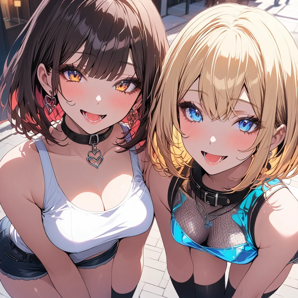 Two college girls, long blond girls, brown hair, bob cut girls, perfect body, big butts, big thighs, short denim shorts, white sleeveless shirt, black collar, knee-high socks, tilting their necks on the sidewalk in front of the hotel, mischievous smiles, opening their mouths, standing watching viewers from above, cramming, sexually inviting, provocative, 2 people squatting