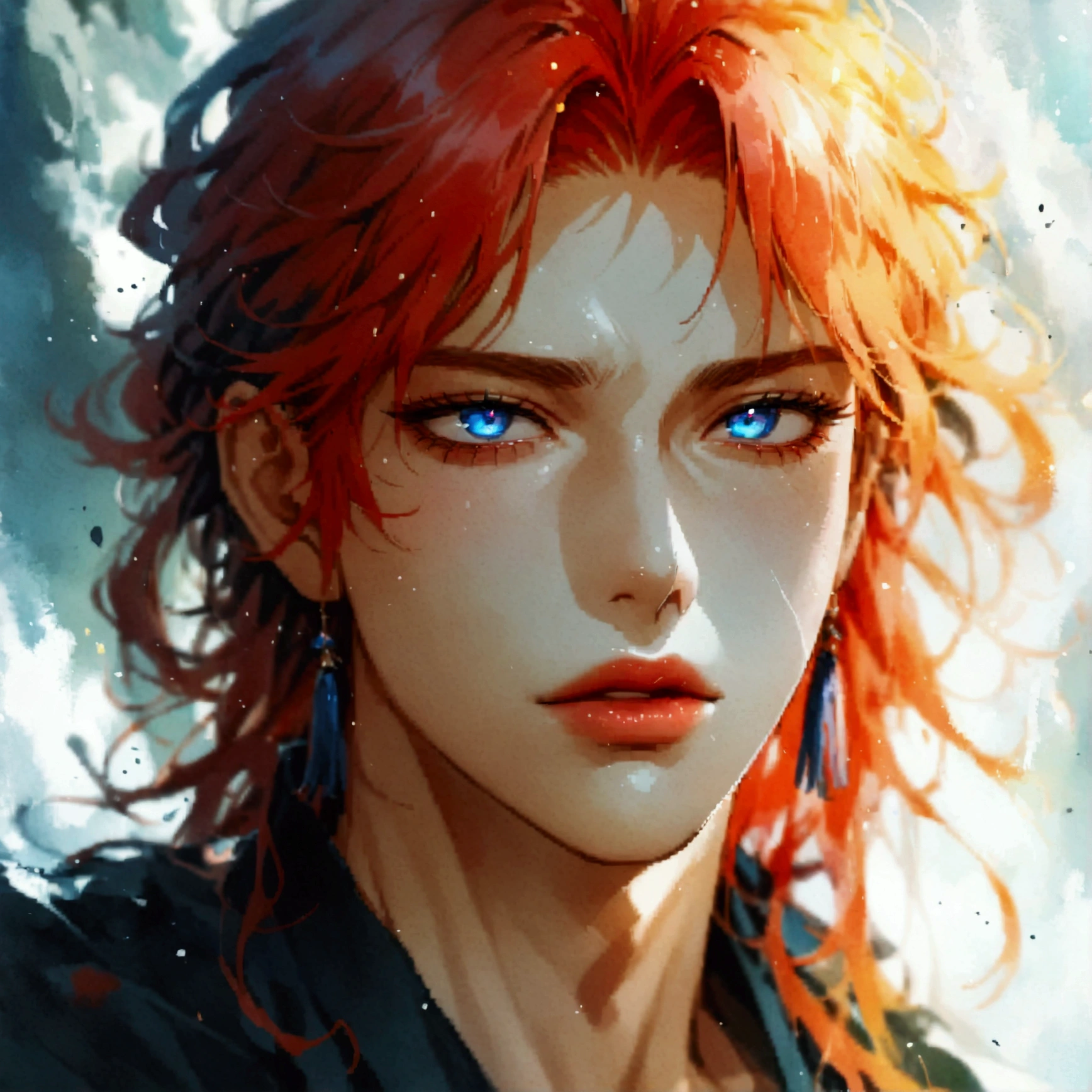 1boy, feminine, femboy, {{{best quality}}}, {1boy}, depth of field, beautiful detailed eyes, {game cg}, angular face, beautiful guy, angular face, adult, watercolor on paper, {{{{{{2024 manhwa style}}}}}}, beautiful, sexy, {{{{perfect eyes}}}}, attractive, long hair, full lips, male model, cinematic masterpiece, {{{{{detailed high quality face}}}}}, 8k quality, {{{{{proportional face}}}}}, perfect face, stunning, perfect body, soft features, muted colors, face close up, ankle length red hair, extremely long red hair, blue eyes, faint red eyeliner, extremely pale skin, slender build, long hair, cyan eyes, cute, kawaii, feminine, femboy