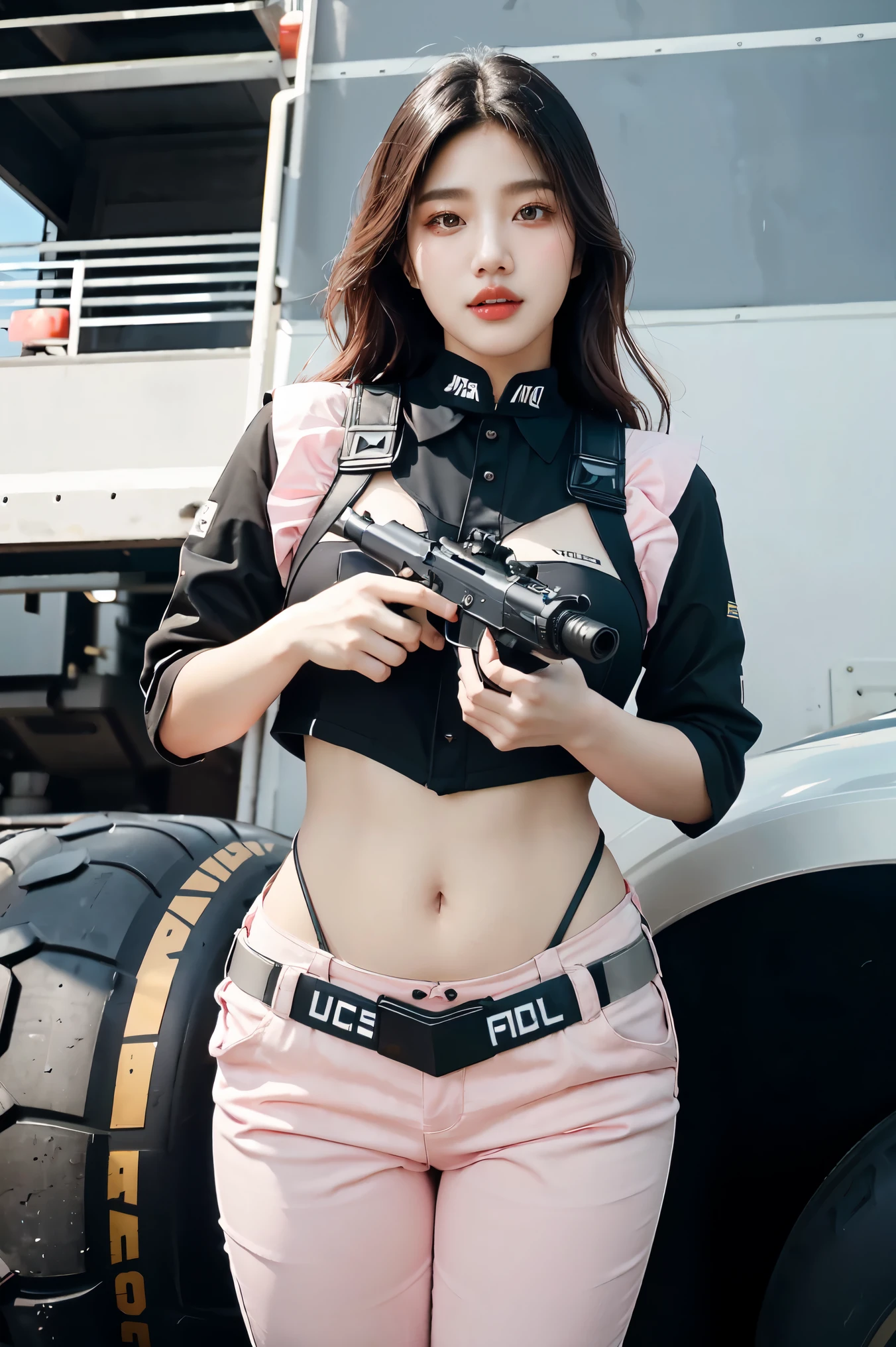 (Highest image quality, outstanding details, ultra-high resolution), (realism: 1.4), favor details, highly condensed 1 beautiful Korean girl, with a delicate and beautiful face, ((cowboy shot)), (a bit chubby:0.4), (wearing black racing suit likes police uniform, black and pink mecha pants, wearing military harness, holding a machinegun), background simple grey concrete,