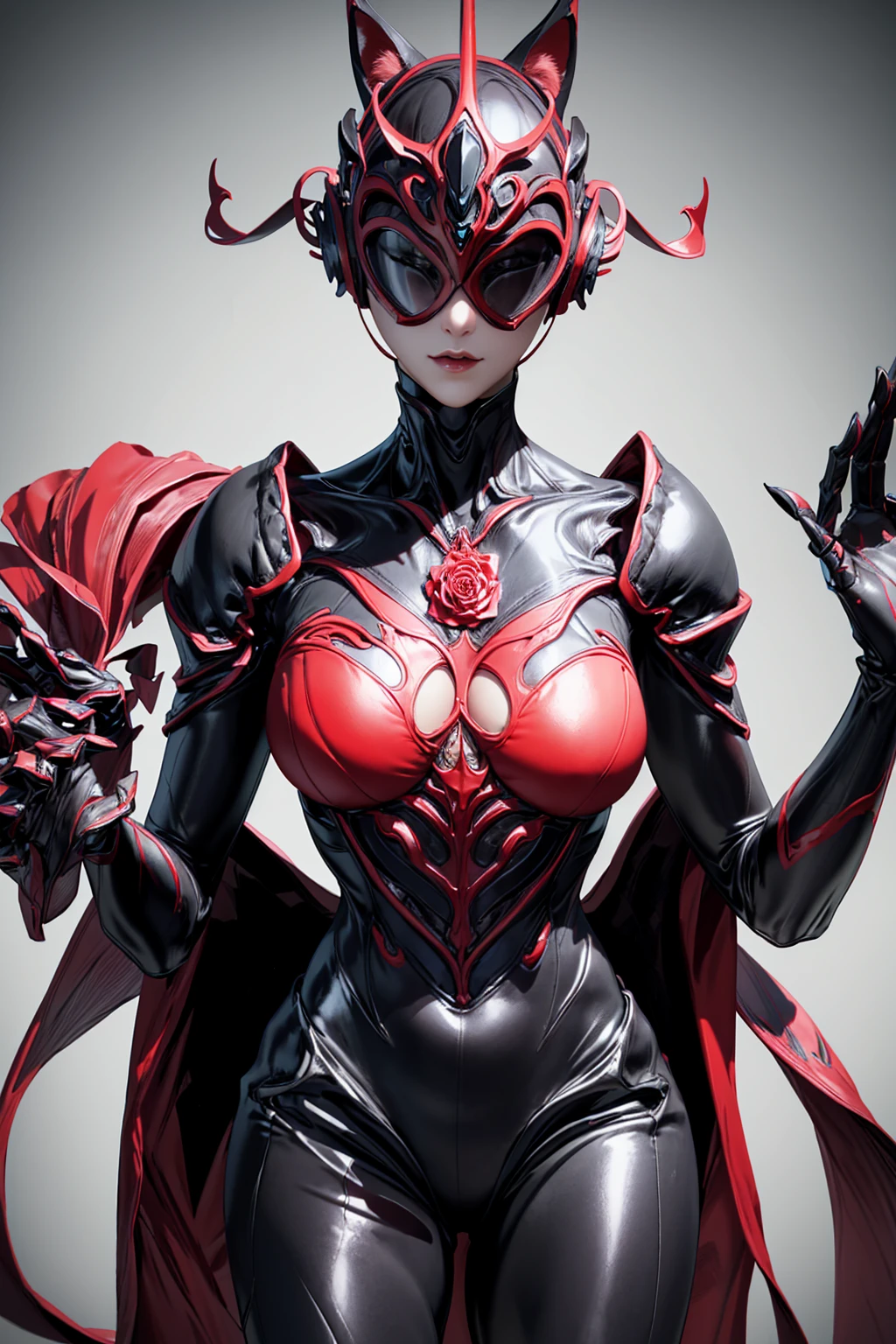  Beautiful girl fused with a rose with a fox mask. ( high quality) （ color of the black and red image ）. body suit. queen dress. Cyber style.  Circuit pattern .  biological armor . Biological helmet .  cyber fox mask .