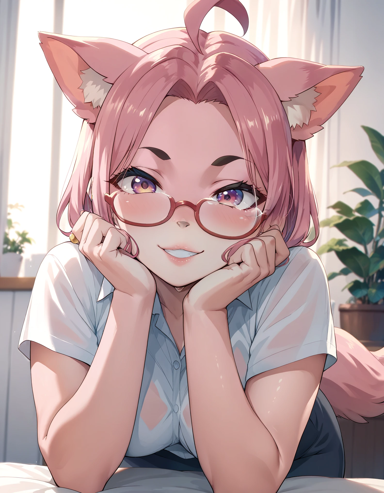 (), glasses on her forehead,pink fur,Jugetona 