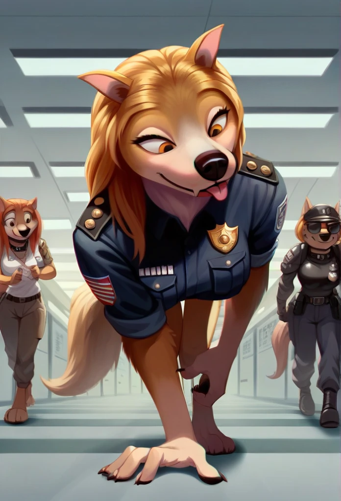  Accurate, Long Hair, Breasts, Wolf Ears, Tongue, Smile, Sunglasses, dark armoured tactical police anthro uniform, dark leather collar with a badge, sniffling luggage, airport terminal, walking on all fours,Smile, Smile, 