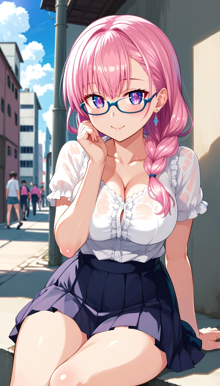 Yanagi, earrings, pink hair, long hair, purple eyes, braided ponytail, glasses, under-rim eyewear, large breasts, narrow waist, wide hips, thick thighs,
rest outdoors, city, null, cloud, sun, architecture, crowd, people々, alley, rest looking at viewer,  black modern fashion shirt and white princess skirt，Super detailed with transparent lace ,  she has long, wavy pink hair ， Teenage Girls ， Light Blue Eyes ， she has piercings ,  rest (masterpiece:1.2), Best Quality,  high resolution on down,  unity 8k Wallpaper , (Illustration:0.8), (beautiful deふとももed eyes:1.6), extremely deふとももed face, perfect lighting, extremely deふとももed CG, (Perfect hands,  Perfect Anatomy ),