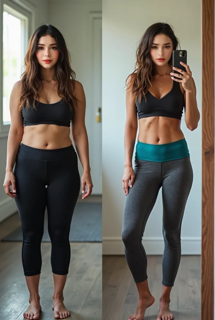 mulher acima de 40 anos, front position photo, foto antes e depois, dressed in gym clothes, sem sensualidade, gorda para magra, emagrecendo barriga e quadril