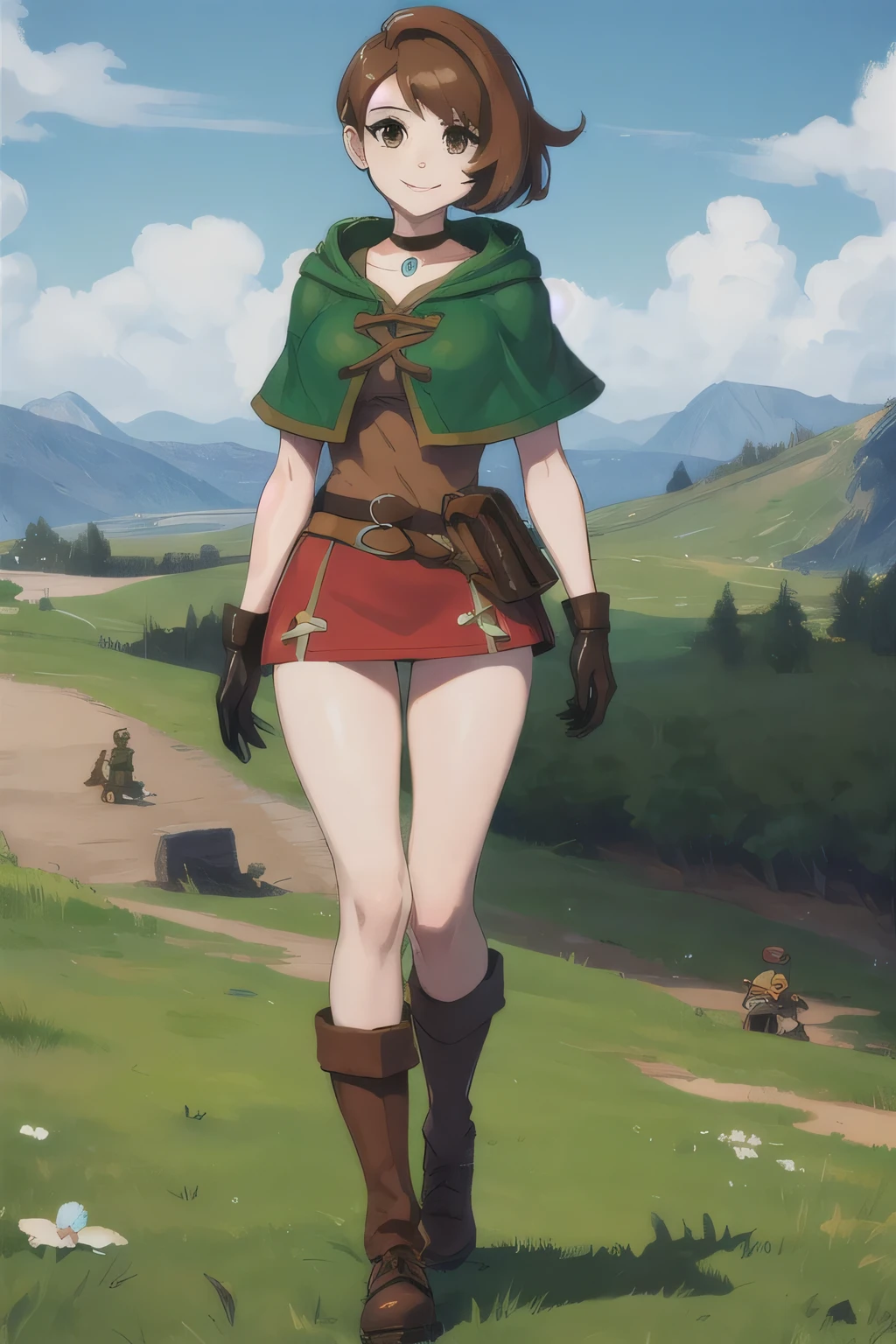 (masterpiece, best quality:1.2), solo, 1girl, pokemon trainer gloria, smile, looking at horizon, medium brown hair, brown eyes, green capelet, green hood, leather gloves, skirt, thigh boots, choker, belt, medium breasts, full body, hyrule field breath of the wild, soldier sword in righ hand and soldier shield in left hand, travel, 