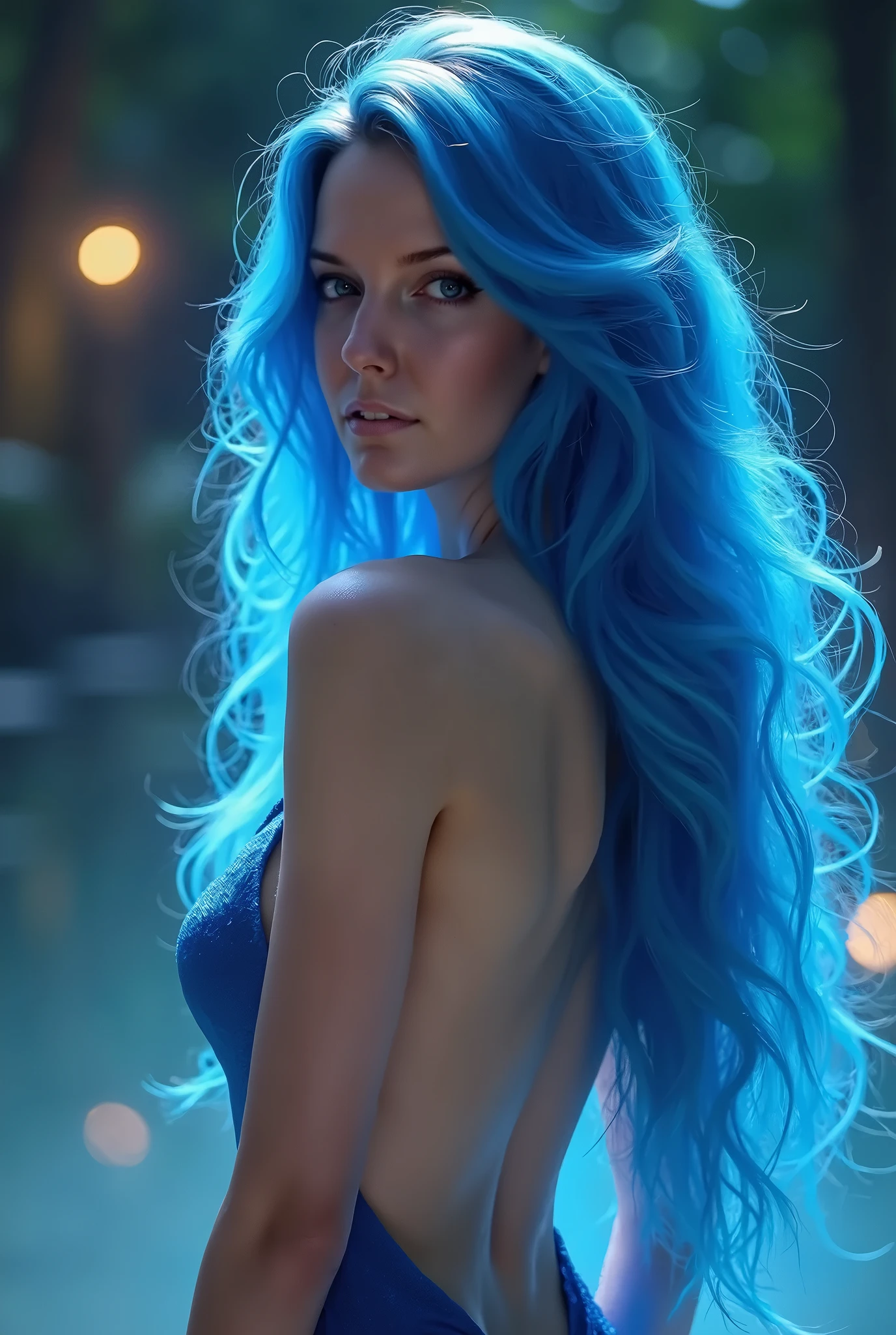 A beautiful woman with royal blue hair,light blue eyes💙,wasp waist,big breasts,big buttocks and a:👗sexy navy blue