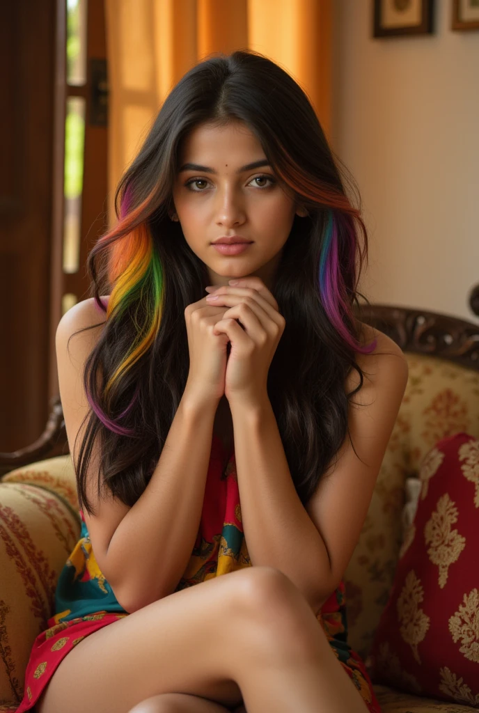 beautiful cute young attractive indian teenage girl, village girl, 18 years old, cute,  Instagram model, long black_hair, colorful hair, warm, dacing, in home sit at  sofa, indian