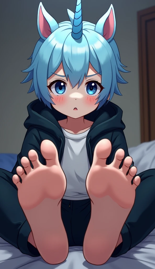 A cute boy showing his stinky feet low angle,barefoot, Foot Focus,White T-shirt,Foot Focus，Sweating on the soles of the feet， Black Hooded Jacket, There are bangs between the eyes,short hair,Light blue hair, Black pants, Anatomically correct, There is a single blue horn in the middle of the head, black eyes, Looking at the audience，Confuse，Sitting on another man&#39;s body，Sitting on his body，Sitting on the audience&#39;s body，Cute boy&#39;s ass sits on another man&#39;s body，Subjective perspective。First Perspective，The boy sits on your body，Sit on your belly，The audience needs to see their own body from the First Perspective，Audience members wearing white shirts，