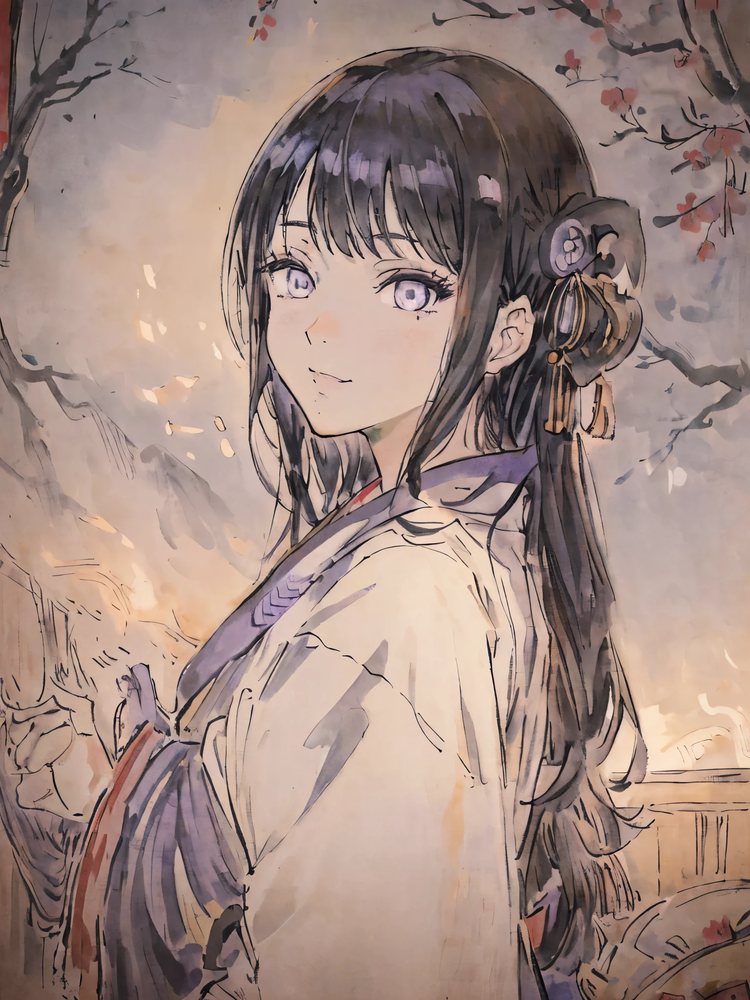 (((woman))), ((MATURE)), ((20 years old)), ((masterpiece)),(best quality),extremely detailed CG,unity 8k wallpaper,ultra detailed,beautiful detailed eyes,extremely detailed face, ((vestindo um yukata, festival de inverno, muitas luzes)), 1girl,solo,upper body,(portrait:1.5),looking at viewer,facing viewer,anime coloring,smile,black hair,sidelocks,blunt bangs,purple eyes,white eyes,no pupils,hinata(shippuden), ((hiori kazano)), idolmaster, ((long hair)), (sweet woman), manwha style, cowboy shot, looking backwards,