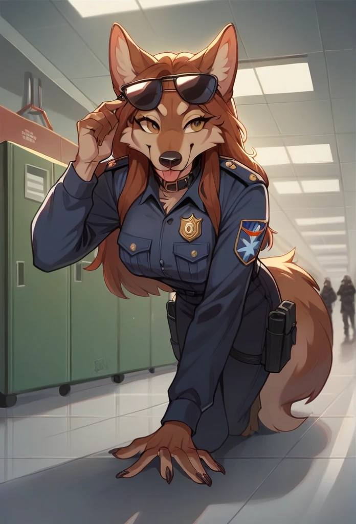  Accurate, Long Hair, Breasts, Wolf Ears, Tongue, Smile, Sunglasses, dark armoured tactical police anthro uniform, dark leather collar with a badge, sniffling luggage, airport terminal, walking on all fours,Smile, Smile, 