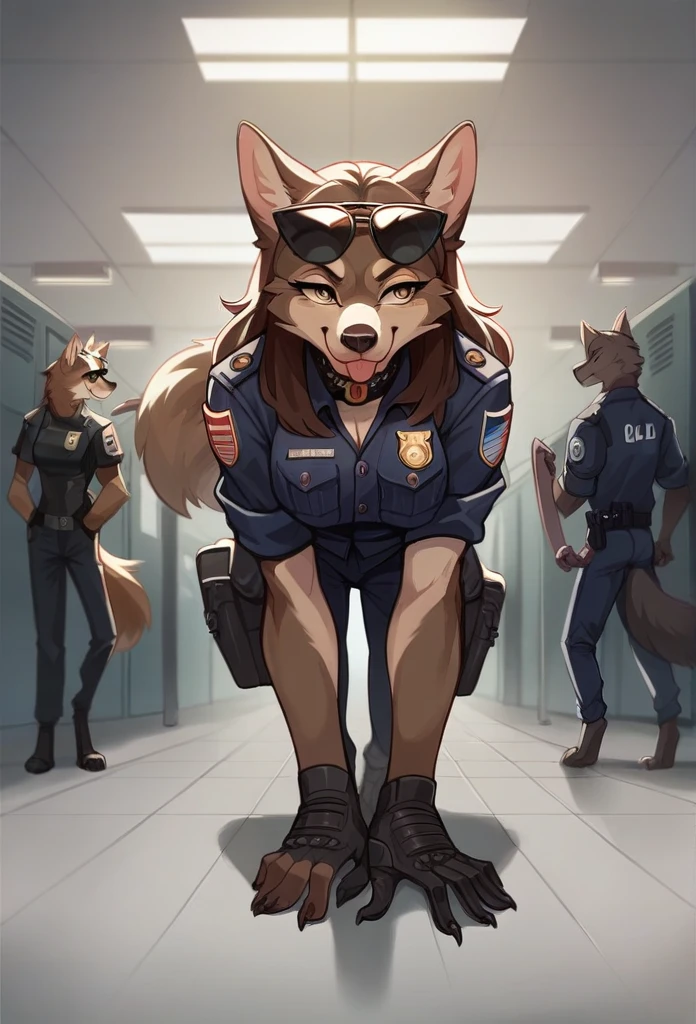  Accurate, Long Hair, Breasts, Wolf Ears, Tongue, Smile, Sunglasses, dark armoured tactical police anthro uniform, dark leather collar with a badge, sniffling luggage, airport terminal, walking on all fours,Smile, Smile, 