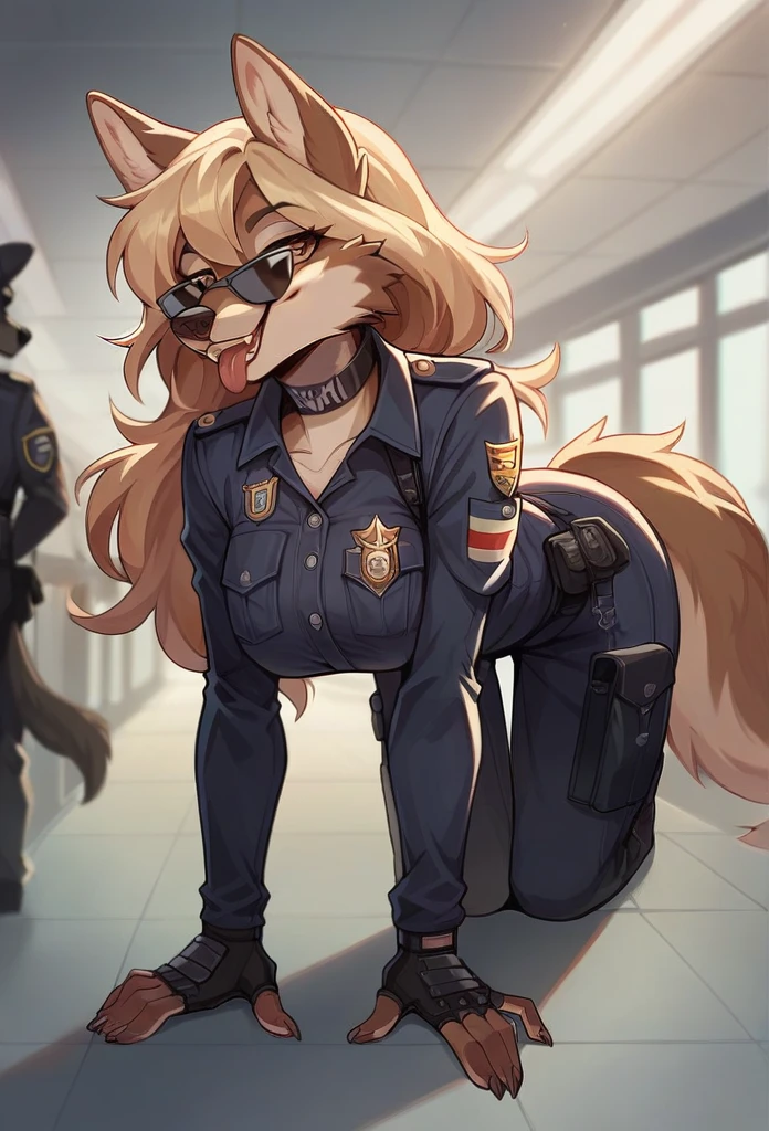  Accurate, Long Hair, Breasts, Wolf Ears, Tongue, Smile, Sunglasses, dark armoured tactical police anthro uniform, dark leather collar with a badge, sniffling luggage, airport terminal, walking on all fours,Smile, Smile, 