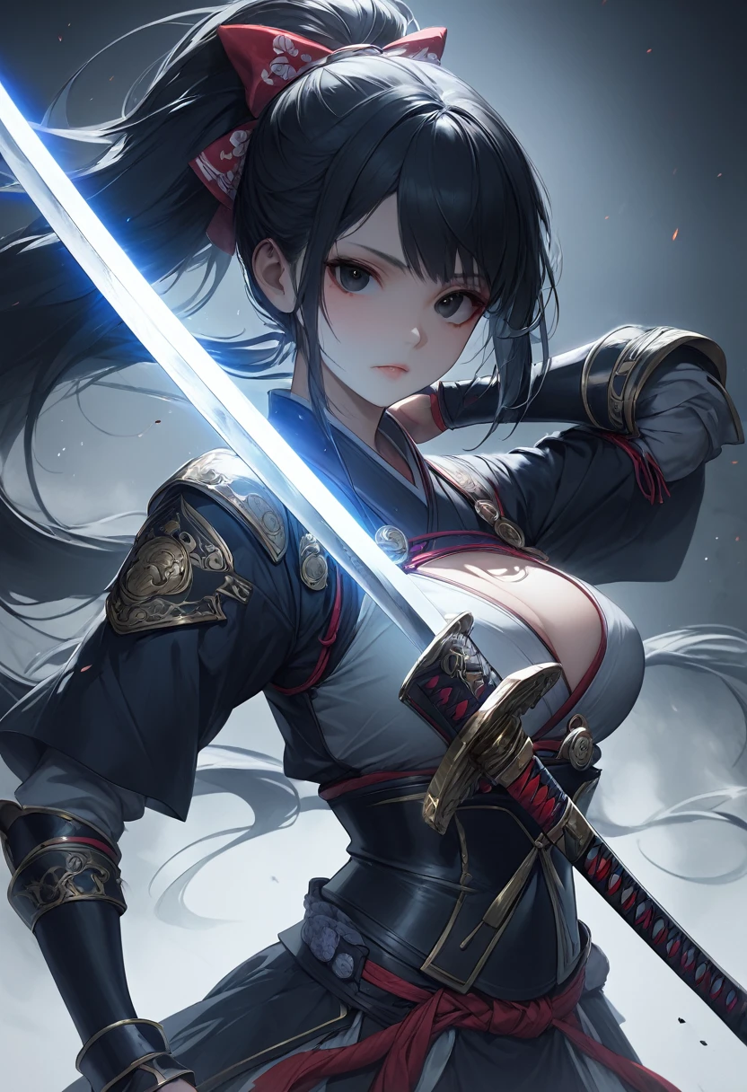 (RAW photo, 4K, realistic, exquisitely detailed skin), masterpiece, best quality, official art, unity 8k wallpaper, ultra detailed,(dark scene,low key,soft lighting), cinematic look,high saturation,best anatomy,volumetric fog,
a samurai girl, slim body, cowboy shot,
1girl,weapon,sword,long hair,Bust is huge,black hair,holding,solo,holding weapon,blood,holding sword,arm guards,simple background,blood on weapon,looking at viewer,black eyes,or,floating hair,