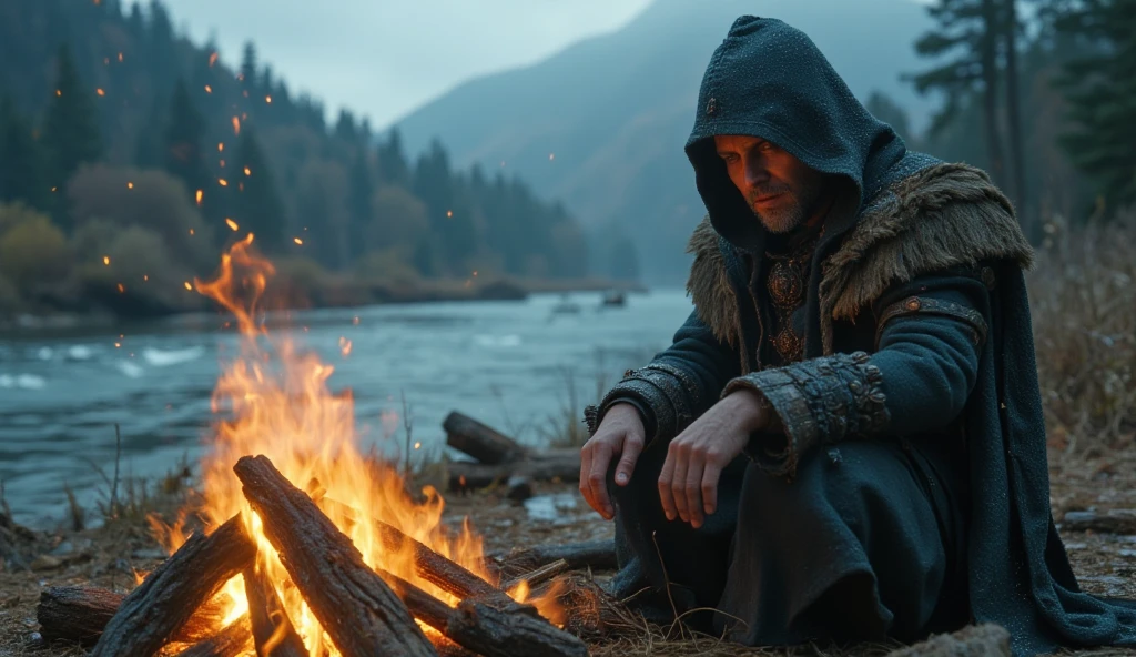 masterpiece,  best quality,  photorealistic, raw photo, winter ,

panorama, perspective, from below, 

warrior in the image of a witcher, geralt of rivia witcher, sitting next to a fire in the middle of a forest, loneliness, sadness, sorrow, detailed face ,  detailed eyes ,

 River in the background the mountain ,  haze lighting , 