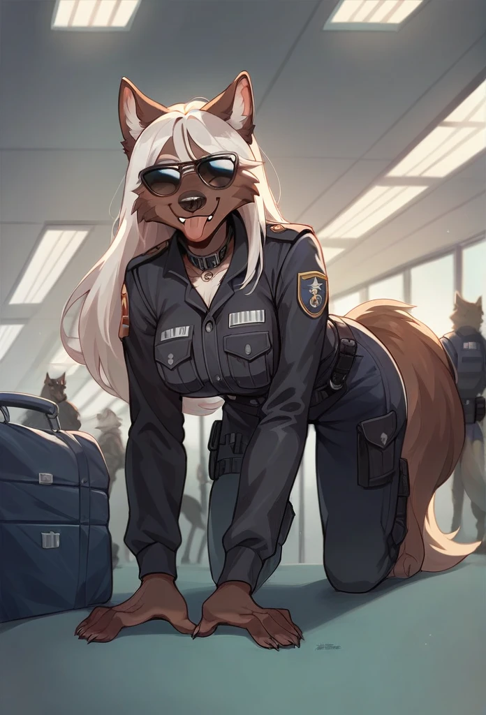  Accurate, Long Hair, Breasts, Wolf Ears, Tongue, Smile, Sunglasses, dark armoured tactical police anthro uniform, dark leather collar with a badge, sniffling luggage, airport terminal, walking on all fours,Smile, Smile, 