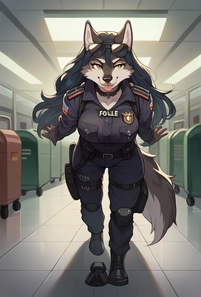  Accurate, Long Hair, Breasts, Wolf Ears, Tongue, Smile, Sunglasses, dark armoured tactical police anthro uniform, dark leather collar with a badge, sniffling luggage, airport terminal, walking on all fours,Smile, Smile, 