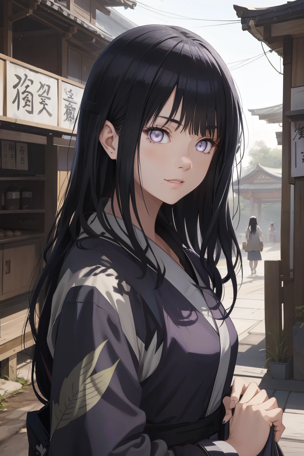 (((woman))), ((20 years old)), ((masterpiece)),(best quality),extremely detailed CG,unity 8k wallpaper,ultra detailed,beautiful detailed eyes,extremely detailed face, ((vestindo um yukata, festival de inverno, muitas luzes)), 1girl,solo,upper body,(portrait:1.5),looking at viewer,facing viewer,anime coloring,smile,black hair,sidelocks,blunt bangs,purple eyes,white eyes,no pupils,hinata(shippuden), ((hiori kazano)), idolmaster, ((long hair)), (sweet woman), manwha style, cowboy shot, looking backwards,