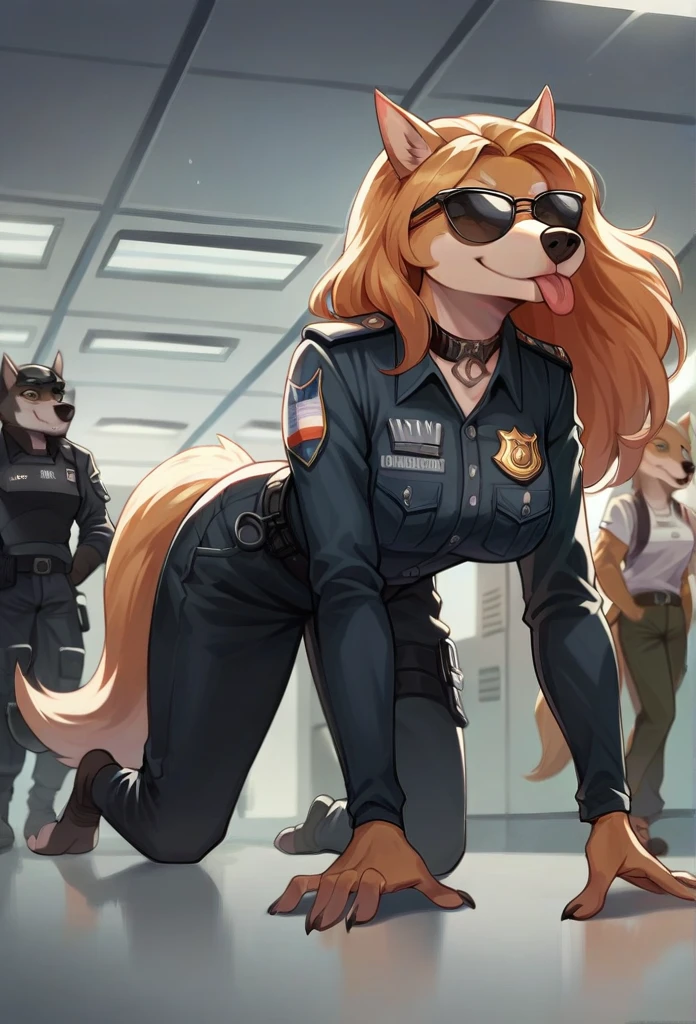  Accurate, Long Hair, Breasts, Wolf Ears, Tongue, Smile, Sunglasses, dark armoured tactical police anthro uniform, dark leather collar with a badge, sniffling luggage, airport terminal, walking on all fours,Smile, Smile, 