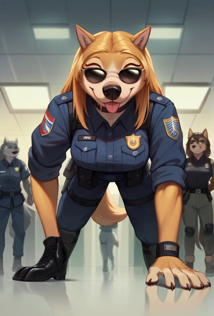  Accurate, Long Hair, Breasts, Wolf Ears, Tongue, Smile, Sunglasses, dark armoured tactical police anthro uniform, dark leather collar with a badge, sniffling luggage, airport terminal, walking on all fours,Smile, Smile, 