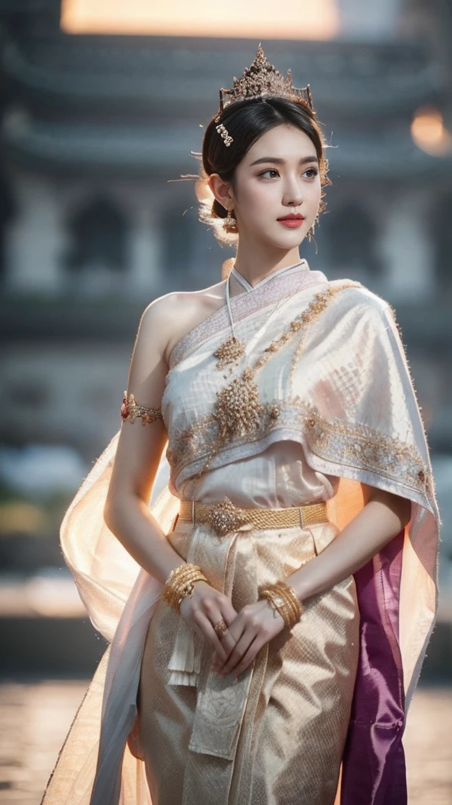 (((A Korean couple standing in dynamic poses together))), (((1 male, 1 female))), (((man with short hair is dressed in white traditional Thai clothing))), Aarav woman in purple dress and gold necklace, Sukhothai set, Dilraba Dilmurat, traditional beauty, Thai anime girl, traditional art, traditional, Niwan Chandra, According to Thawan Duchanee, s style, beautiful female princess, traditional tai costume, traditional dress, Beautiful Fantasy Empress, beautiful queen, A beautiful girl in a light grey traditional Thai dress with an elegant shawl and flowing long hair stands confidently beside a handsome man dressed in white traditional Thai clothing with short black hair. They stand together in front of Wat Arun temple in Bangkok, both posed dynamically with black eyes looking directly at the viewer. The man has defined abdominal muscles, while the woman has a naturally rounded, subtly small chest, adding grace and poise to her form. The morning sunlight creates soft lens flares and shadows, illuminating intricate facial features, double eyelids, and realistic textures. The temple architecture and surrounding reeds provide a rich, atmospheric backdrop with a slight chromatic aberration effect for an artistic finish. The image is full-body, ultra-realistic, high quality, and captures a masterpiece aesthetic.
