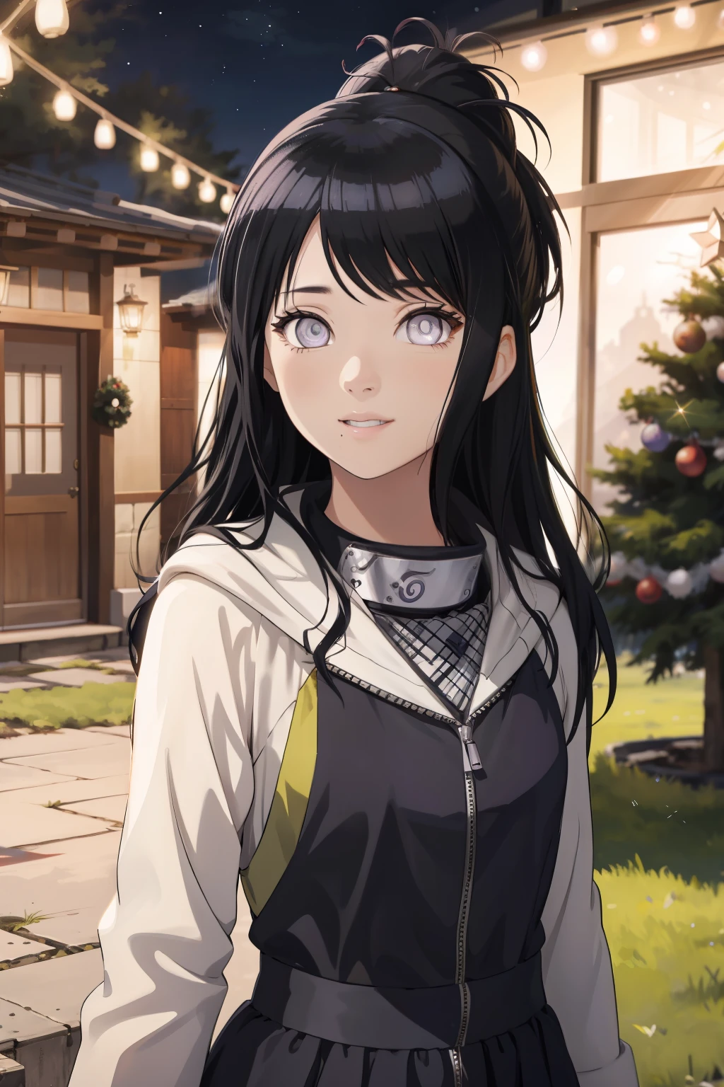 an hiperealistic shot of hinata(shippuden), ((hiori kazano)), idolmaster, Detailed eyes,  long hair, ponytail, half updo, hair ornament,, (sweet woman), manwha style, happy, smilling, princess dress, christmas lights, christmas pine trees, big eyebrown, pair of earnings, Flat anime shading style, cute realistic portrait, high quality fanart