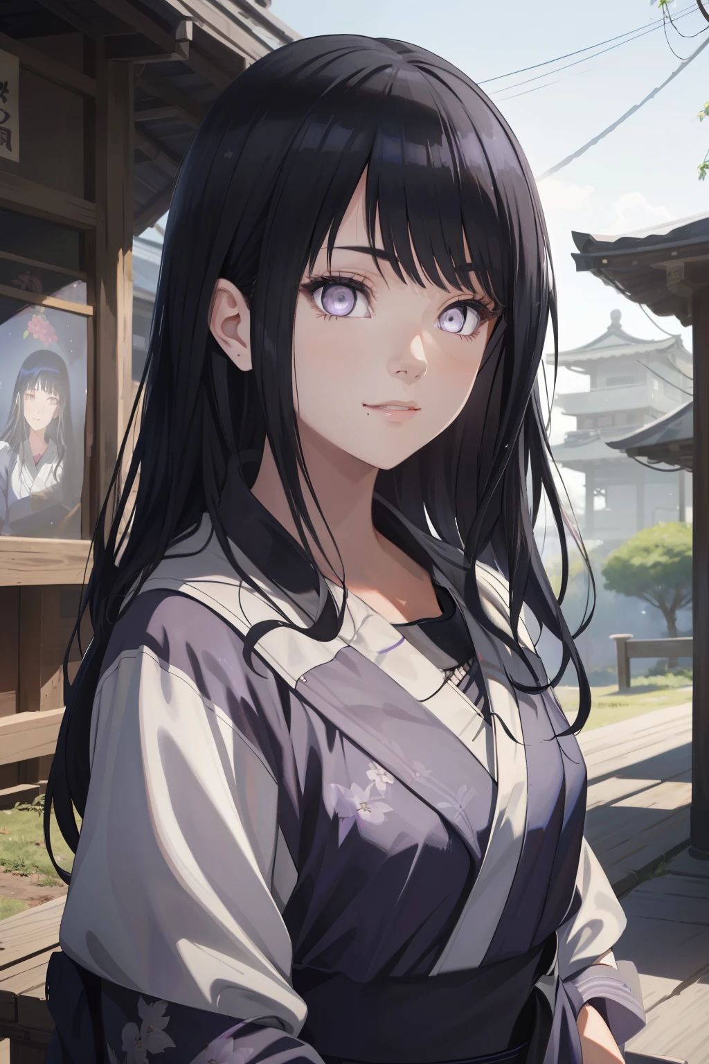 (((woman))), ((20 years old)), ((masterpiece)),(best quality),extremely detailed CG,unity 8k wallpaper,ultra detailed,beautiful detailed eyes,extremely detailed face, ((vestindo um yukata, festival de inverno, muitas luzes)), 1girl,solo,upper body,(portrait:1.5),looking at viewer,facing viewer,anime coloring,smile,black hair,sidelocks,blunt bangs,purple eyes,white eyes,no pupils,hinata(shippuden), ((hiori kazano)), idolmaster, ((long hair)), (sweet woman), manwha style, cowboy shot, looking backwards,