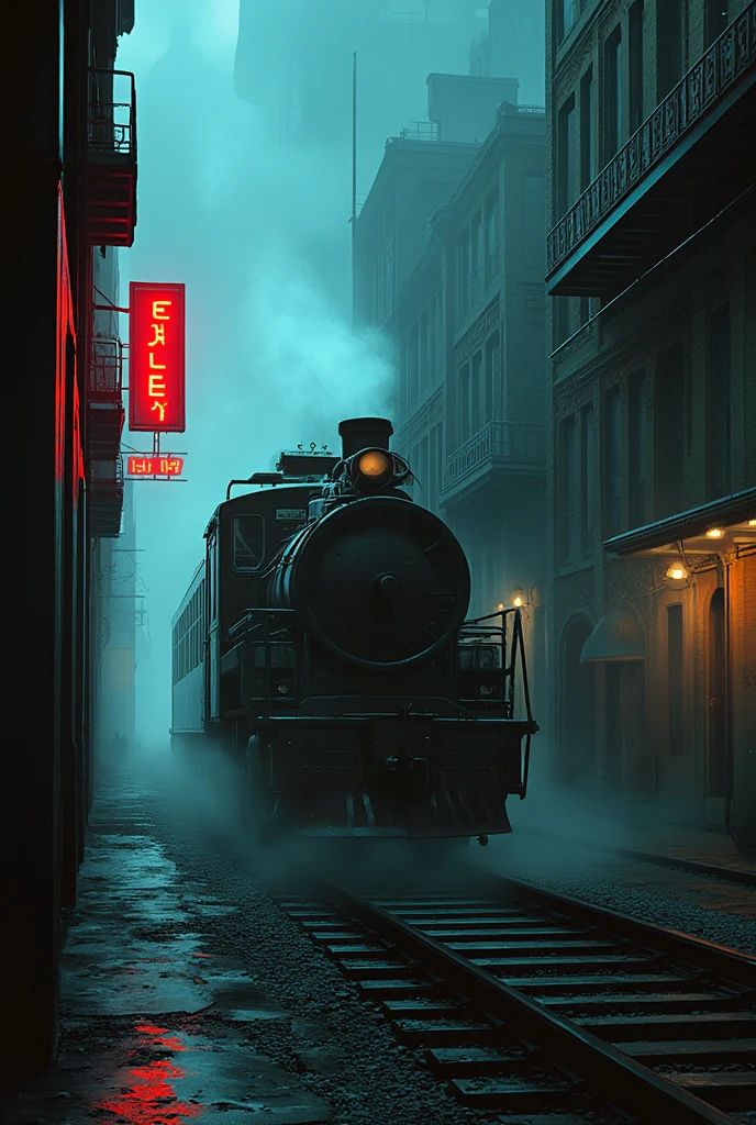 Cinematic photography, wide angle shot, an old train run through an alley, heavy rain, white fog, shimmering neon light sign on the wall say "The Alley", intricate detailed, HD wallpaper 