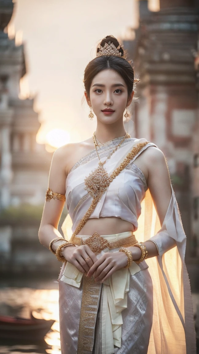 (((A Korean couple standing in dynamic poses together))), (((1 male, 1 female))), (((man with short hair is dressed in white traditional Thai clothing))), Aarav woman in purple dress and gold necklace, Sukhothai set, Dilraba Dilmurat, traditional beauty, Thai anime girl, traditional art, traditional, Niwan Chandra, According to Thawan Duchanee, s style, beautiful female princess, traditional tai costume, traditional dress, Beautiful Fantasy Empress, beautiful queen, A beautiful girl in a light grey traditional Thai dress with an elegant shawl and flowing long hair stands confidently beside a handsome man dressed in white traditional Thai clothing with short black hair. They stand together in front of Wat Arun temple in Bangkok, both posed dynamically with black eyes looking directly at the viewer. The man has defined abdominal muscles, while the woman has a naturally rounded, subtly small chest, adding grace and poise to her form. The morning sunlight creates soft lens flares and shadows, illuminating intricate facial features, double eyelids, and realistic textures. The temple architecture and surrounding reeds provide a rich, atmospheric backdrop with a slight chromatic aberration effect for an artistic finish. The image is full-body, ultra-realistic, high quality, and captures a masterpiece aesthetic.
