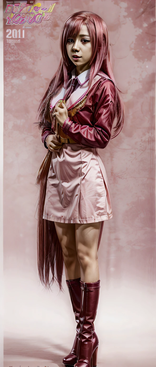 1 girl, dakimakura, realistic, katsura hinagiku cosplay, pink long hair, pink school uniform, pink high heel boots, real life katsura hinagiku, full body, realistic, Best quality, masterpiece, sexy