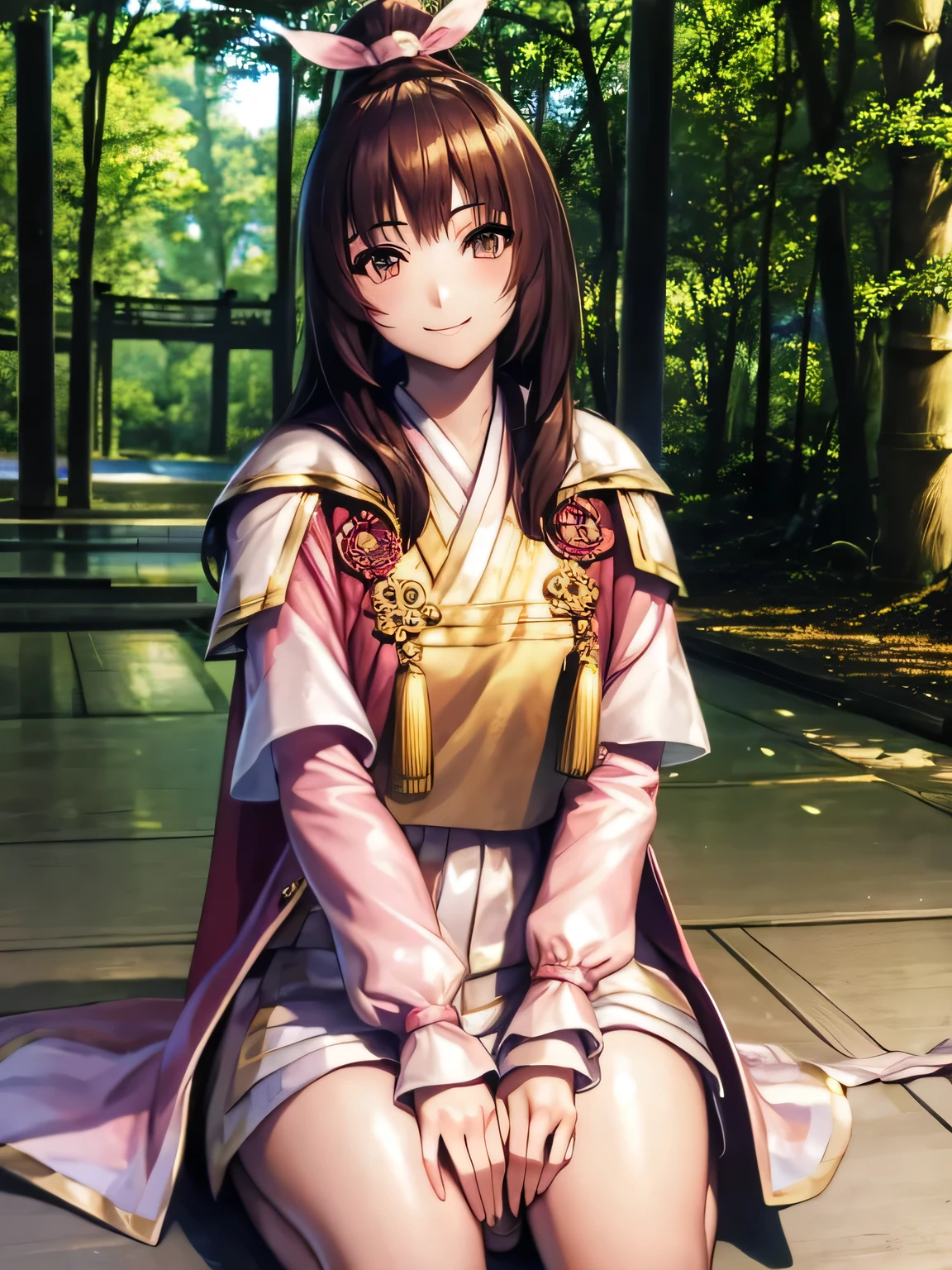 masterpiece, best quality, ultra high res, 1girl, solo, cute, ((puffy eyes)), looking at viewer, full body, facing front, detailed face, detailed eyes, wanwan_at, bamboo forest, seiza, sitting on knees, smiling,