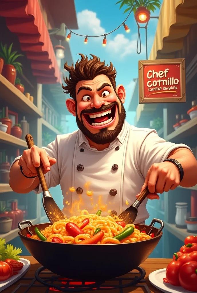 Drawing of a very happy male chef cooking vegetables in a wok with wavy brown hair with prominent fangs, happy and with a sign that says chef cormillo culinary delights