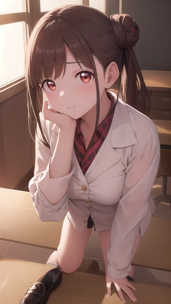 nsfw,I'm watching viewers who lie face down on a desk 、Place your elbow on the desk、 Chiyoko Sonoda, Brown Hair, (red eyes:1.5), Hair Bun, Long Hair, Double Bang,  side lock, break 学生服, break indoors,  break 視聴者を見ている,  Loafers, break (masterpiece:1.2), Best Quality, High image quality,  Unity 8K Wallpaper , (Illustration:0.8), ( beautiful,  detailed eyes on board :1.6),  very detailed face  , perfect lighting,  CG in detail , (Perfect hands, COMPLETE ANATOMY ),