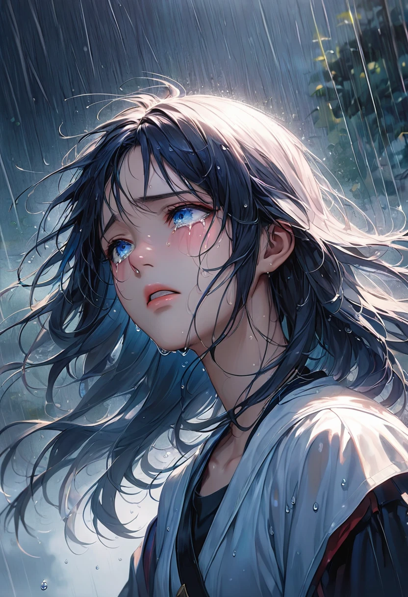 (Masterpiece at maximum 16K resolution: 1.6), (intricate details: 1.4), (extremely insane details: 1.4), (highest quality: 1.3), (hyper_realistic: 1.3 ). | Jesus looking at the sky, deep emotions, tears running down his face, soft raindrops, fresh vegetation, shiny wet pavement, expressive eyes, pensive expression, sadness, delicate features, long flowing hair, wet clothes, ethereal atmosphere, misty atmosphere , moody lighting, dramatic composition, subtle shadows, emotional charge, melancholic atmosphere, vibrant colors, soft color palette, rainy day aesthetic, raw beauty, moving moment, captivating composition, pain and vulnerability, contrast of beauty and sadness, drops of rain tracing your eyelashes and cheeks, loneliness in the crowd, defining moment in your life, hope lingering in your eyes.  | ((He's crying):1,3)):0,7), (((More_Details))).