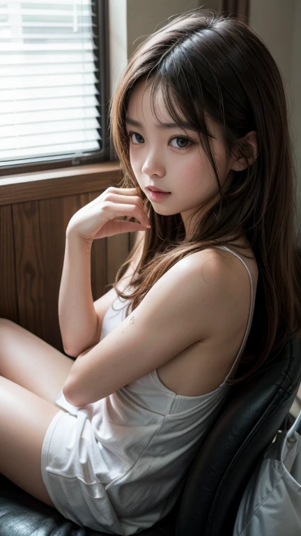 (top quality, high resolution, masterpiece: 1.3), women in their twenties, surprisingly cute, tall and cute woman, slender abs, dark brown hair styled with straight hair, chest, thighs, wearing pendants, white button-up blouse, belt, skirt, (cityscape in background), exquisitely rendered details on face and skin texture, detailed eyes, Double eyelids, upper eye use, slouching, blushing, feeling of looking into this, leaning forward, looking up, posing on all fours, whole body,