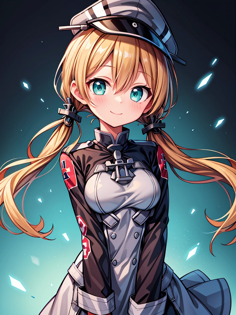 (masterpiece, best quality, illustration, delicate details, 8K:1.2),1girl,solo,small face,shoot from front,upper body,black background,(looking at viewer:1.5),light smile,blonde hair,twintails,hair ornament,military uniform,anchor hair ornament,peaked cap,low twintails,iron cross,breasts,smile,long sleeves,military hat,long hair,green eyes,aqua eyes