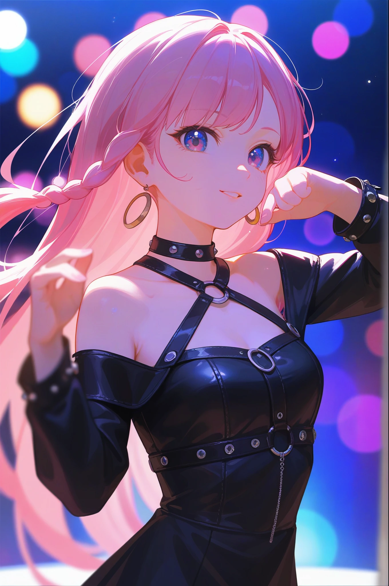 score_9, score_8_up, score_7_up, (masterpiece, UHD, 8K, 16K, ultra detailed), source_anime, sfw, front view, upper body, 1girl, idol, dancer, dancing pose, black leather sundress, short dress, off shoulder, long sleeves, leather stocking, long hair, (pink hair), one side braided, colorful stage background, stage light, (depth of field), bokeh, diffused light, dramatic ambient