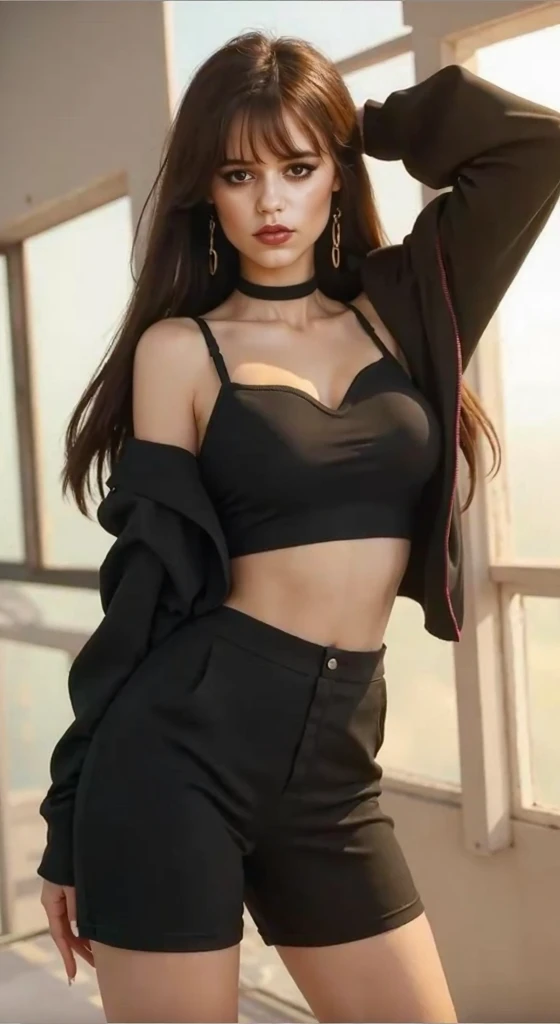 (8k, RAW photo, best quality, masterpiece:1.2), (realistic, photo-realistic:1.37), best quality, ultra high res, photon mapping, radiosity, physically-based rendering, 1girl, ((glasses)), ((simple black bra)), ((sweatpants)), naughty face, cute, (laughing), (happy), (Kpop idol), (aegyo sal:1), ((puffy eyes)), looking at viewer, posing, (full body), large breasts, busty, large butt, cityscape, night, (bokeh:1.4), ((wink)), ((hair blown by air)),
