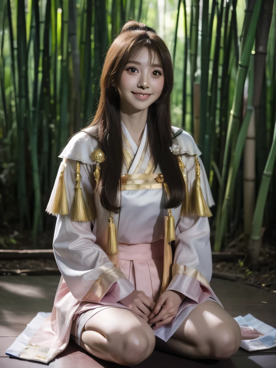 masterpiece, best quality, ultra high res, 1girl, solo, cute, ((puffy eyes)), looking at viewer, full body, facing front, detailed face, detailed eyes, wanwan_at, bamboo forest, seiza, sitting on knees, smiling,