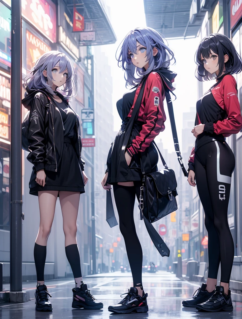 corpo bonito, cara bonita, 3 meninas juntas, menina mais velha, Cabelos ruivos claros, olho, chain around neck, ombros, moletom, legging pants, peito grande, barriga, cintura fina, pernas grossas, coxas grossas, Background scenario randomly looking at the viewer
