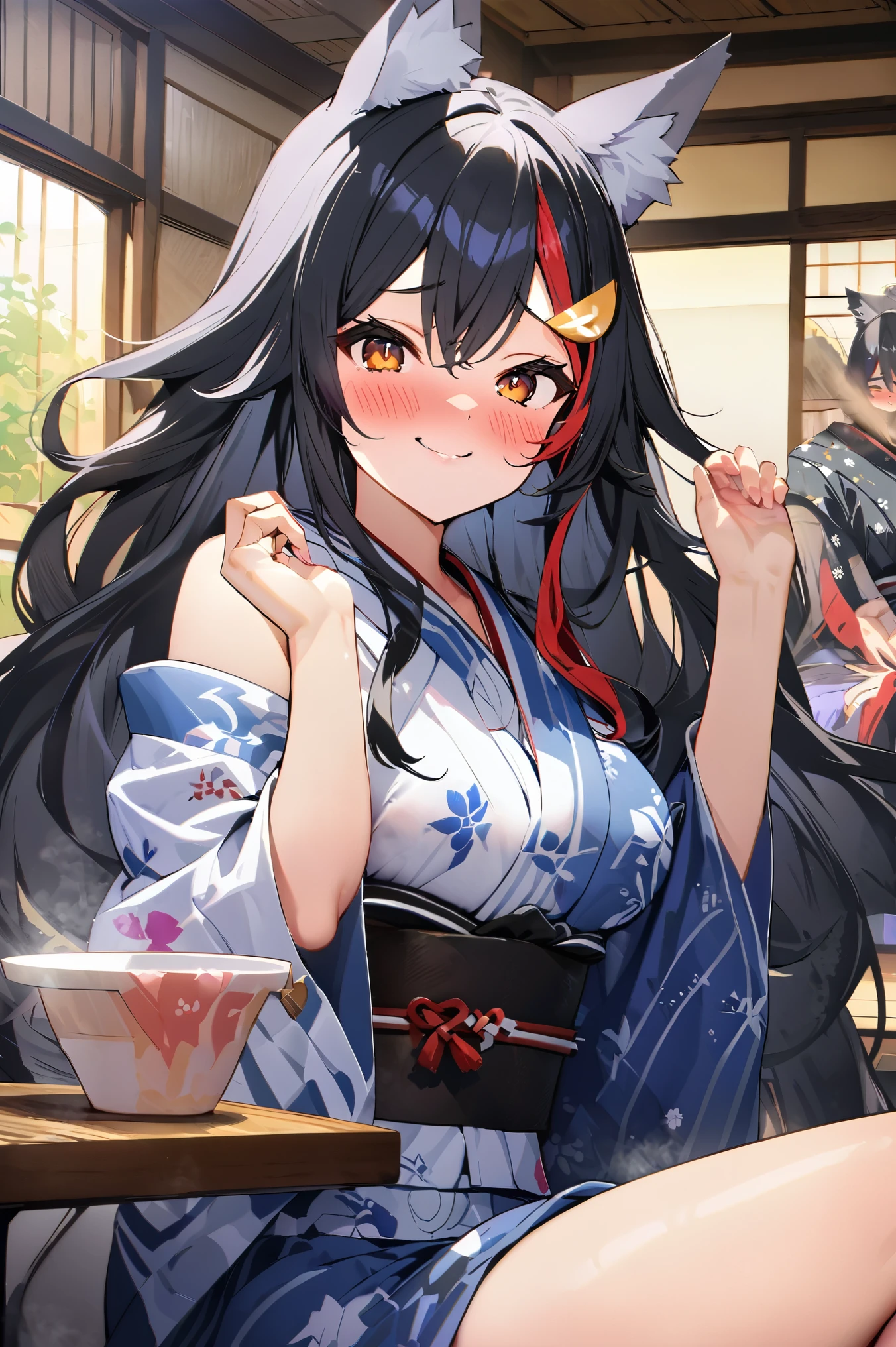 (Masterpiece, best quality), (ultra high resolution, 8K RAW photo, photo realistics:1.5, textile shading, pale tones, thin outline), Sexy woman in a kimono, sitting with hugging a teddy bear, (wearing light purple hanfu:1.2), (wearing japanese kimono:1.2, traditional japanese, japanese clothes), (classy yukata clothing, flowers printing in clothes), wearing a haori, (matured woman, milf:1.5, 28 years old, solo), (large breast, sagging breast, big tits, narrow waist, big ass, curvy bodies), (medium hair, hair over one eye, asymmetric hair, half updo hair), (bright pupils, detailed eyes, high detailed face, half closing eyes), eye rush, (smiling, shamed), (looking at viewers:1.3), (dynamic angle, from little above:0.7), (correct anatomy:1.5, correct hands), (ideal ratio of body proportions),