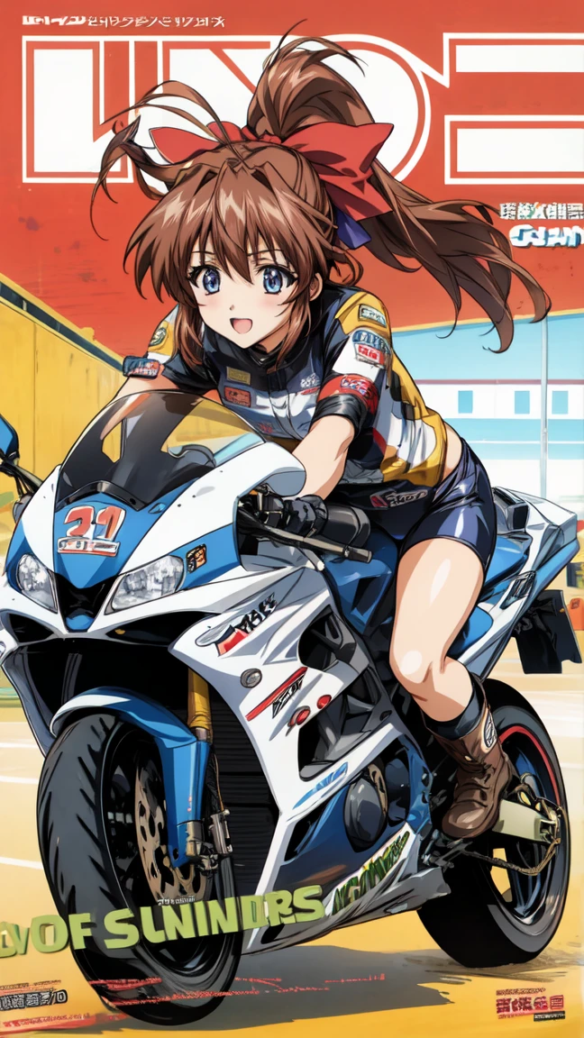  Anime Illustration , 1 person,   hair bow、 riding a motorcycle 　 race queen　 magazine cover