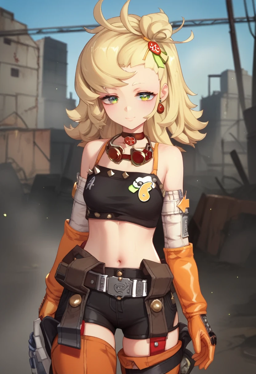 (Masterpiece, Ultra-high resolution, 8k, High Quality, Top quality, High-Detailed, Detailed CG, Cinematic Shadow:0.5, Beautiful Detailed Eyes, Ultra Resolution, Depth of Field, High Resolution, Masterpiece: 1.2), (Anime Art style), (cowboy shot), (wasteland:1.4), 1girl, solo, piper, green eyes, half closed eyes, blonde hair, long hair, hair ornament, earrings, jewelry, choker, goggles around neck, bare shoulders, black crop top, midriff, navel, detached sleeves, orange gloves, belt, black shorts, short shorts, orange pants, detached pants, shoes, white footwear, small breasts, smile, walking,