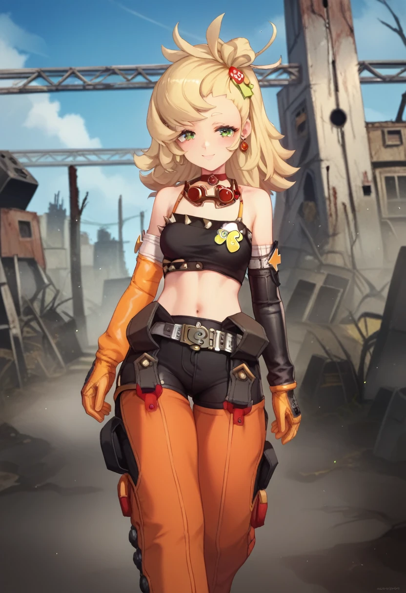 (Masterpiece, Ultra-high resolution, 8k, High Quality, Top quality, High-Detailed, Detailed CG, Cinematic Shadow:0.5, Beautiful Detailed Eyes, Ultra Resolution, Depth of Field, High Resolution, Masterpiece: 1.2), (Anime Art style), (cowboy shot), (wasteland:1.4), 1girl, solo, piper, green eyes, half closed eyes, blonde hair, long hair, hair ornament, earrings, jewelry, choker, goggles around neck, bare shoulders, black crop top, midriff, navel, detached sleeves, orange gloves, belt, black shorts, short shorts, orange pants, detached pants, shoes, white footwear, small breasts, smile, walking,