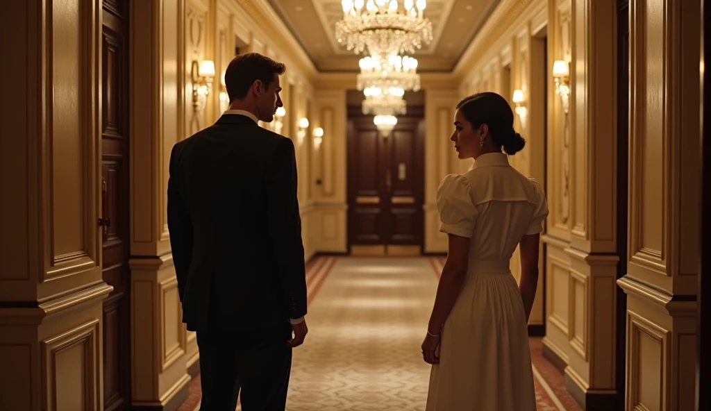 (premium quality, sharp image) scene in a hotel room,a couple talking while hearing a noise at the door, they look into the camera and express fear and curiosity in their faces. [Embedding: suspense, tension, horror]