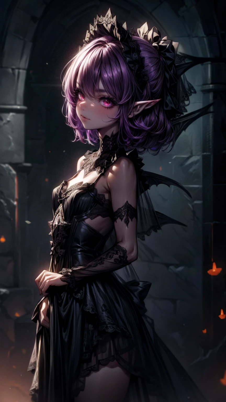 ((best quality)), ((masterpiece)), (detailed), 4k dark gothic horror style, Halloween style, very small goblin girl, green skin, pointy ears, busty, short purple hair with black streaks pixie hairstyle, bright red eyes, in a dark gothic castle, cinematic dark lighting, stark lighting, dim, black see-through panties, slight seductive smile, looking at viewer, wearing black lace veil