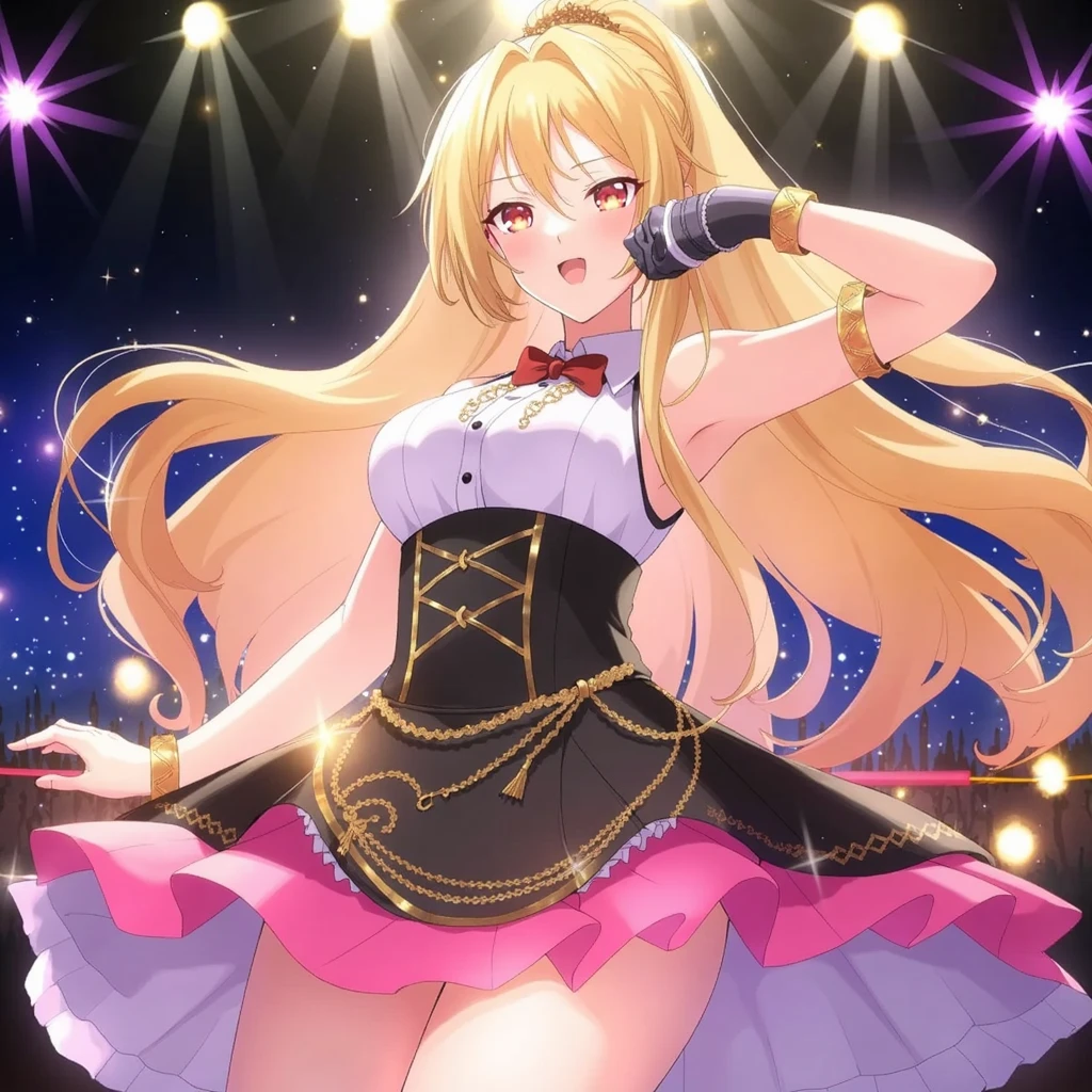 Angle of the audience looking up from below from the miniskirt idol singing on a packed outdoor stage