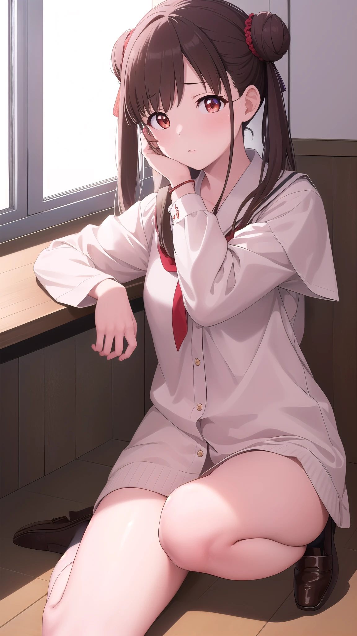 1girl、nsfw,I'm watching viewers who lie face down on a desk 、Place your elbow on the desk、 Chiyoko Sonoda, Brown Hair, (red eyes:1.5), Hair Bun, Long Hair, Double Bang,  side lock, break 学生服, break indoors,  break 視聴者を見ている,  Loafers, break (masterpiece:1.2), Best Quality, High image quality,  Unity 8K Wallpaper , (Illustration:0.8), ( beautiful,  detailed eyes on board :1.6),  very detailed face  , perfect lighting,  CG in detail , (Perfect hands, COMPLETE ANATOMY ),